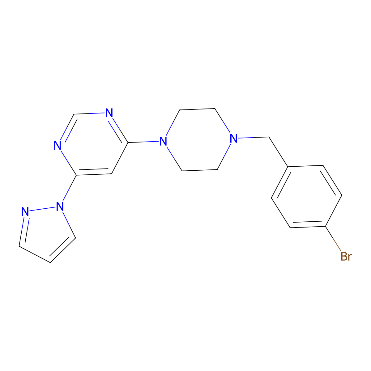 4-{4-[(4-bromophenyl)methyl]piperazin-1-yl}-6-(1H-pyrazol-1-yl)pyrimidine molecular structure, CAS 2640828-82-4