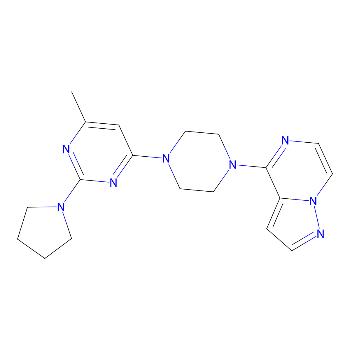 4-Methyl-6-(4-{pyrazolo[1,5-a]pyrazin-4-yl}piperazin-1-yl)-2-(pyrrolidin-1-yl)pyrimidine molecular structure, CAS 2640828-84-6
