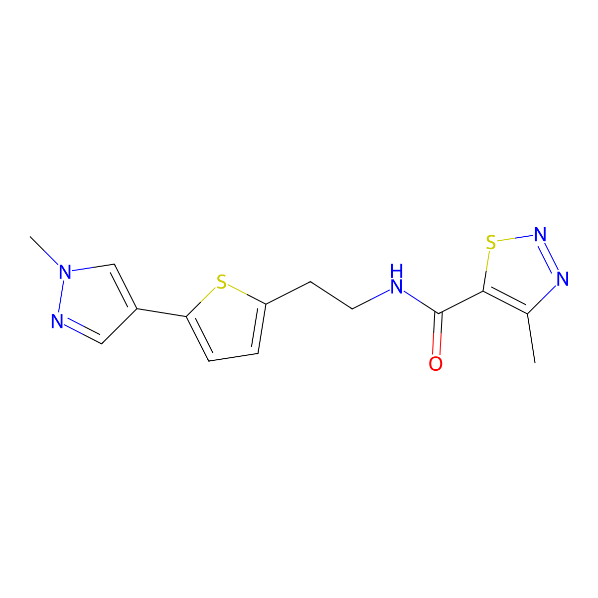 4-methyl-N-{2-[5-(1-methyl-1H-pyrazol-4-yl)thiophen-2-yl]ethyl}-1,2,3-thiadiazole-5-carboxamide molecular structure, CAS 2640828-90-4