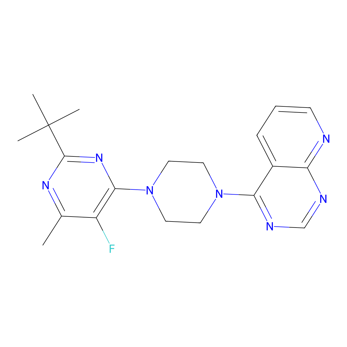 2-Tert-butyl-5-fluoro-4-methyl-6-(4-{pyrido[2,3-d]pyrimidin-4-yl}piperazin-1-yl)pyrimidine molecular structure, CAS 2640828-91-5
