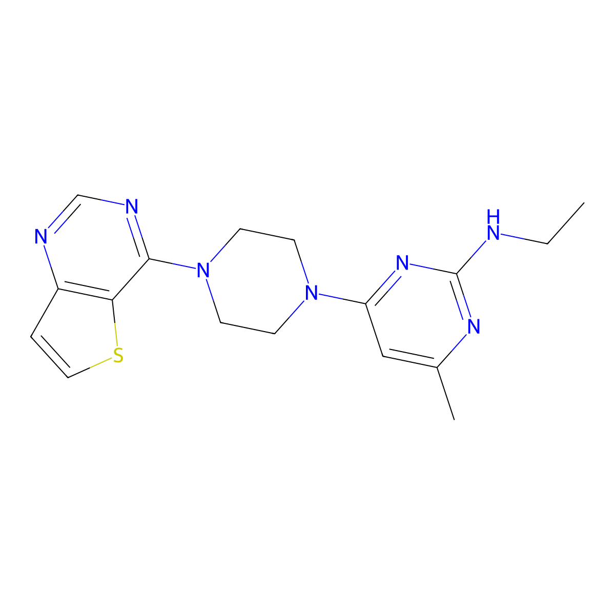 N-ethyl-4-methyl-6-(4-{thieno[3,2-d]pyrimidin-4-yl}piperazin-1-yl)pyrimidin-2-amine molecular structure, CAS 2640829-00-9