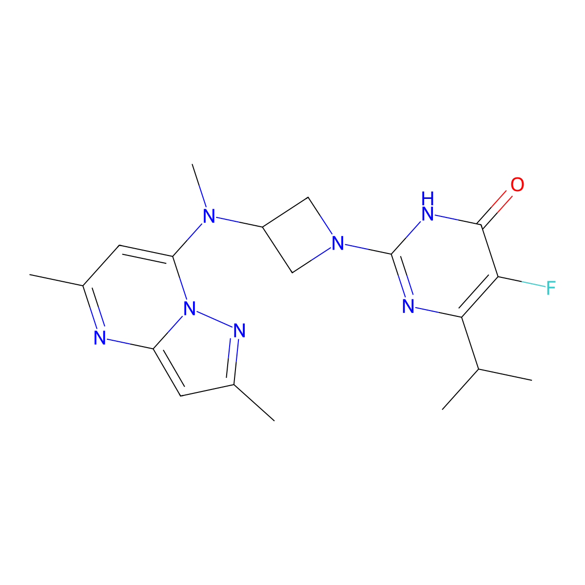 2-[3-({2,5-Dimethylpyrazolo[1,5-a]pyrimidin-7-yl}(methyl)amino)azetidin-1-yl]-5-fluoro-6-(propan-2-yl)-3,4-dihydropyrimidin-4-one molecular structure, CAS 2640829-02-1