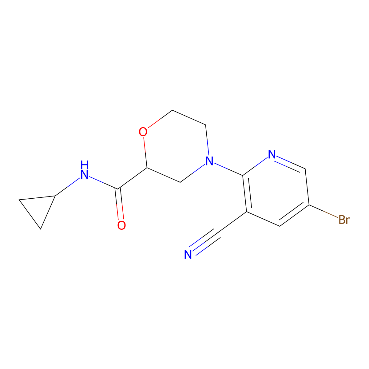 4-(5-bromo-3-cyanopyridin-2-yl)-N-cyclopropylmorpholine-2-carboxamide molecular structure, CAS 2640829-03-2