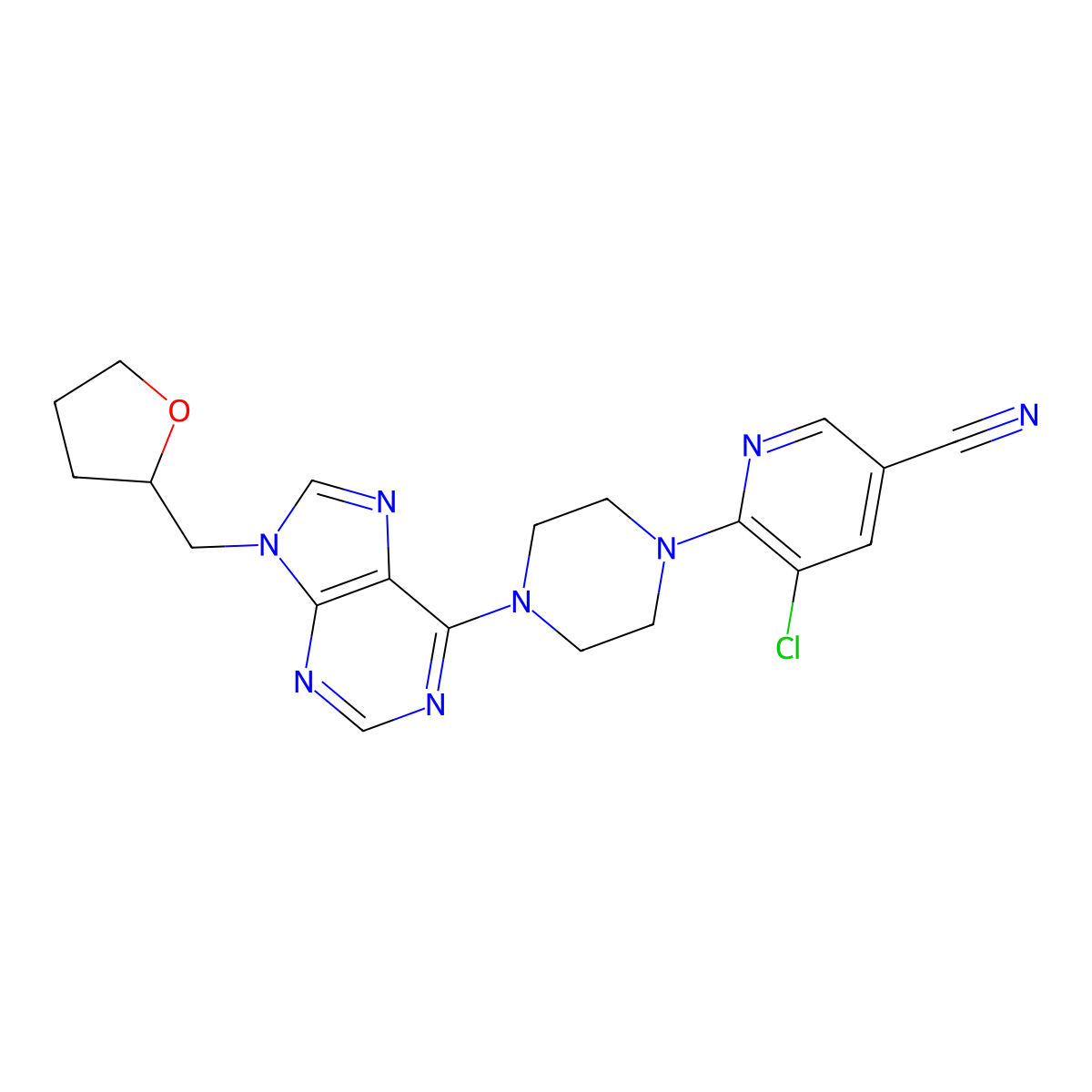 5-chloro-6-(4-{9-[(oxolan-2-yl)methyl]-9H-purin-6-yl}piperazin-1-yl)pyridine-3-carbonitrile molecular structure, CAS 2640829-04-3