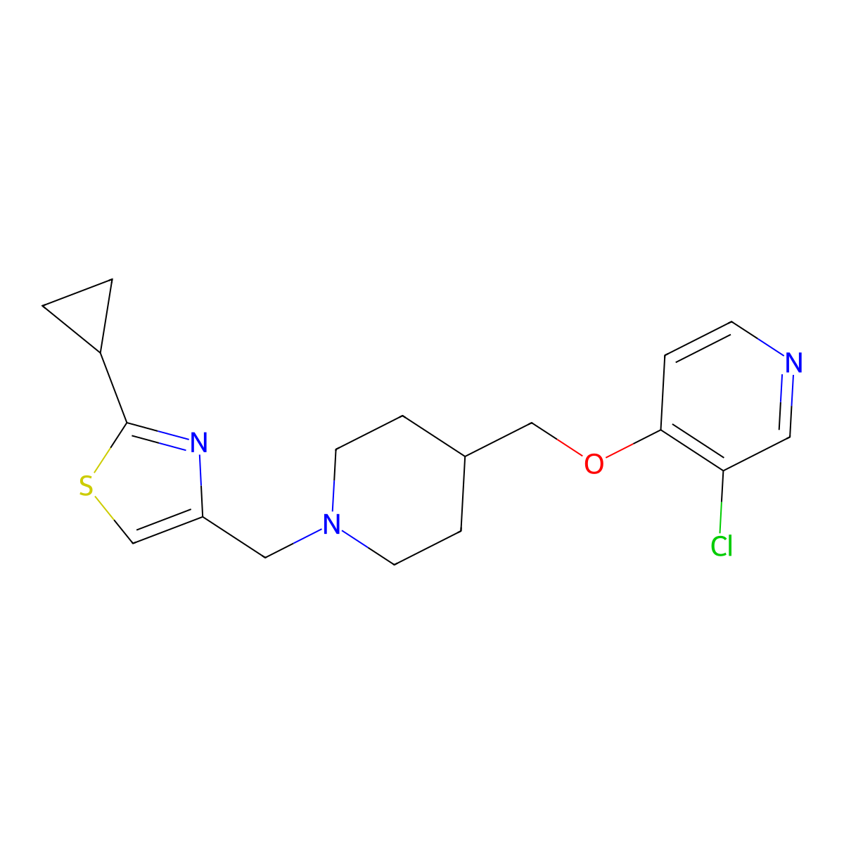 3-Chloro-4-({1-[(2-cyclopropyl-1,3-thiazol-4-yl)methyl]piperidin-4-yl}methoxy)pyridine molecular structure, CAS 2640829-09-8