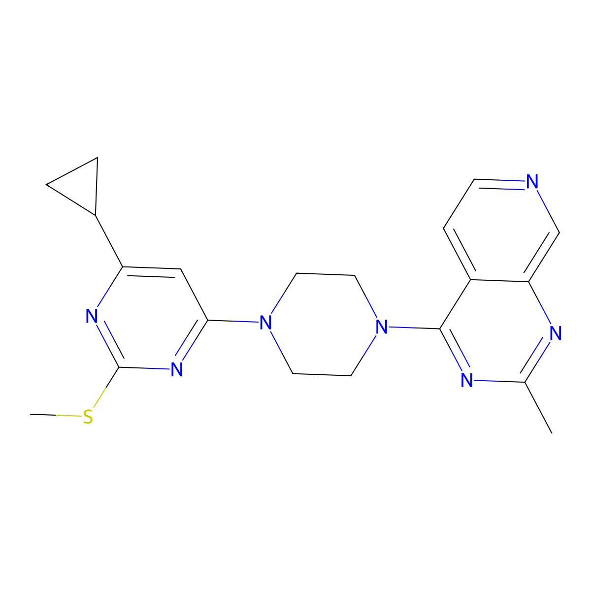 4-Cyclopropyl-6-(4-{2-methylpyrido[3,4-d]pyrimidin-4-yl}piperazin-1-yl)-2-(methylsulfanyl)pyrimidine molecular structure, CAS 2640829-10-1