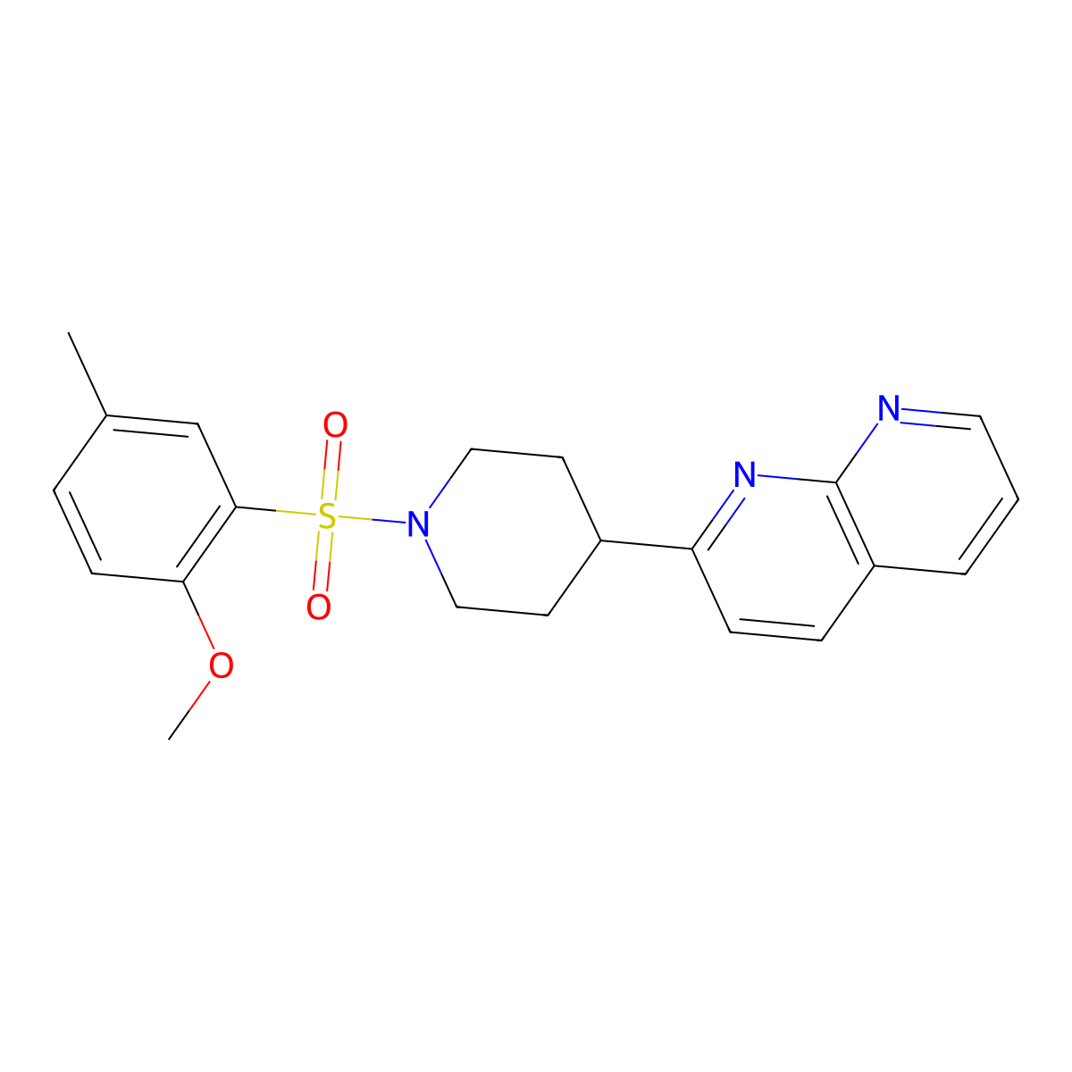 2-[1-(2-Methoxy-5-methylbenzenesulfonyl)piperidin-4-yl]-1,8-naphthyridine molecular structure, CAS 2640829-17-8