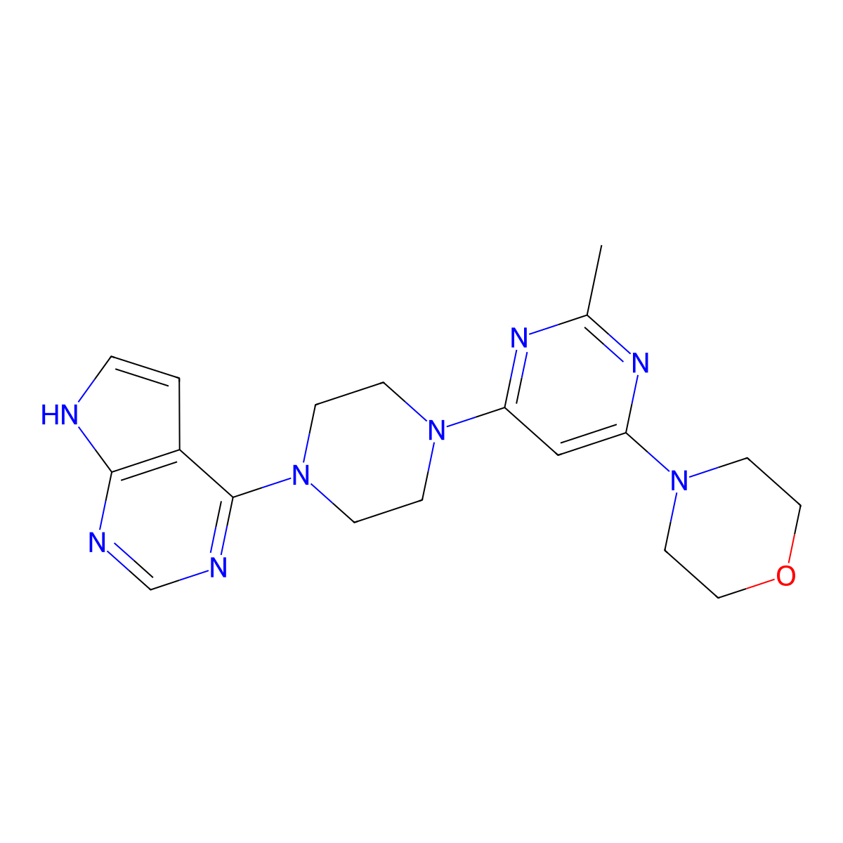 4-[2-methyl-6-(4-{7H-pyrrolo[2,3-d]pyrimidin-4-yl}piperazin-1-yl)pyrimidin-4-yl]morpholine molecular structure, CAS 2640829-27-0
