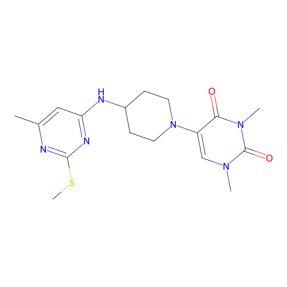 1,3-Dimethyl-5-(4-{[6-methyl-2-(methylsulfanyl)pyrimidin-4-yl]amino}piperidin-1-yl)-1,2,3,4-tetrahydropyrimidine-2,4-dione molecular structure, CAS 2640829-33-8