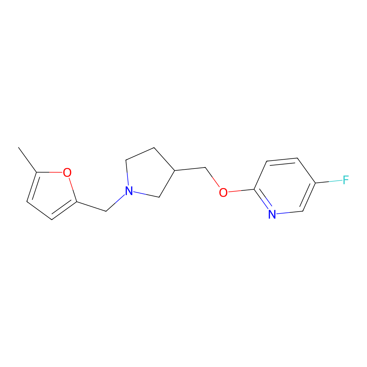5-Fluoro-2-({1-[(5-methylfuran-2-yl)methyl]pyrrolidin-3-yl}methoxy)pyridine molecular structure, CAS 2640829-34-9