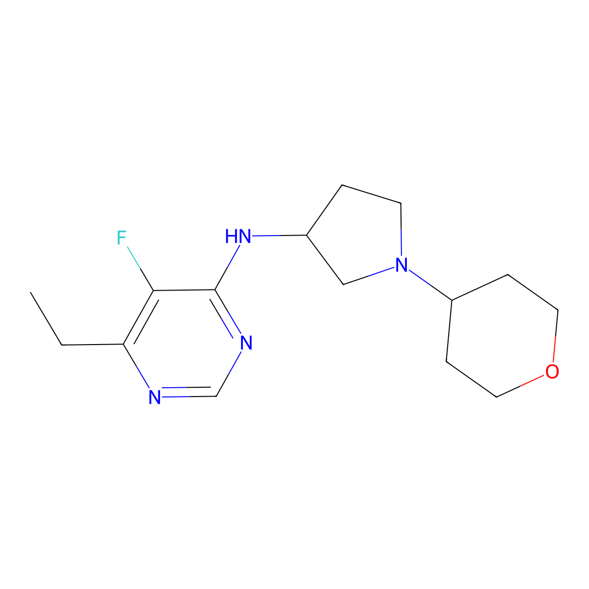 6-ethyl-5-fluoro-N-[1-(oxan-4-yl)pyrrolidin-3-yl]pyrimidin-4-amine molecular structure, CAS 2640829-45-2
