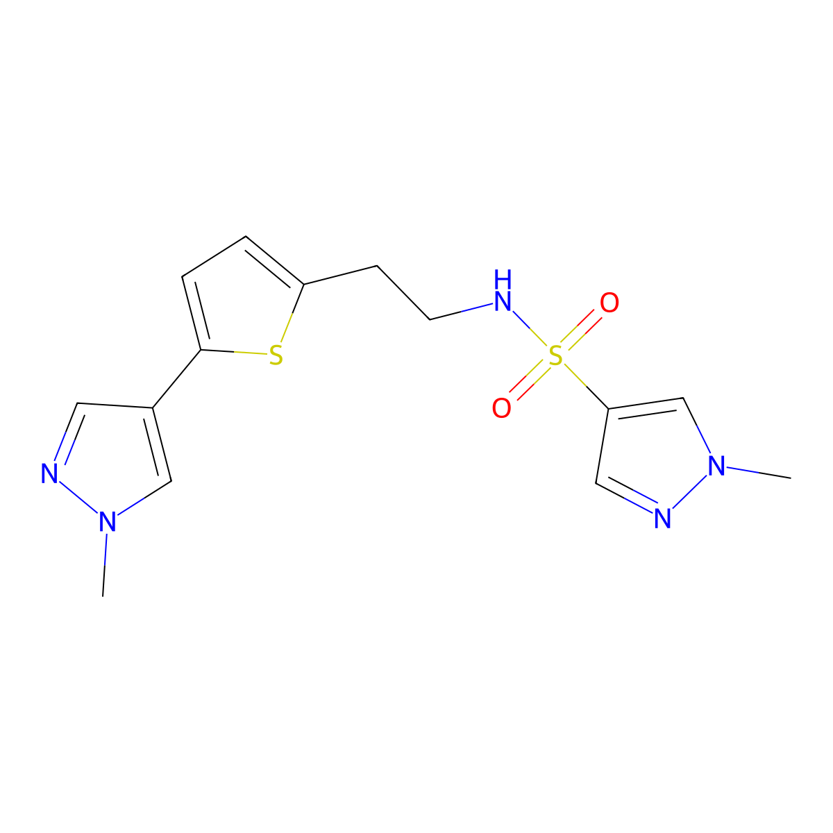 1-methyl-N-{2-[5-(1-methyl-1H-pyrazol-4-yl)thiophen-2-yl]ethyl}-1H-pyrazole-4-sulfonamide molecular structure, CAS 2640829-49-6