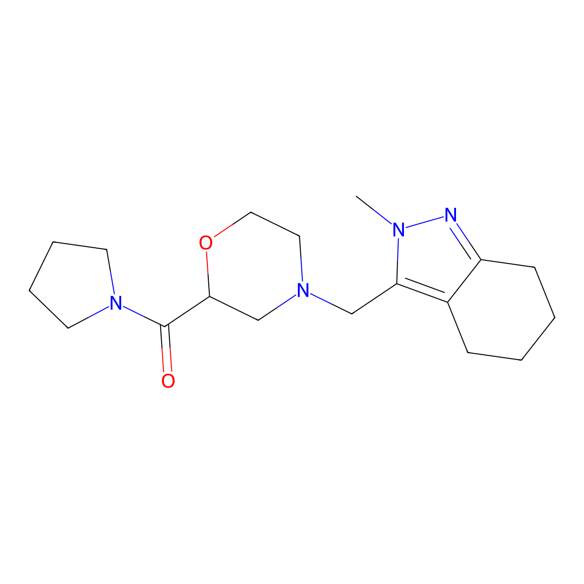 2-methyl-3-{[2-(pyrrolidine-1-carbonyl)morpholin-4-yl]methyl}-4,5,6,7-tetrahydro-2H-indazole molecular structure, CAS 2640829-54-3