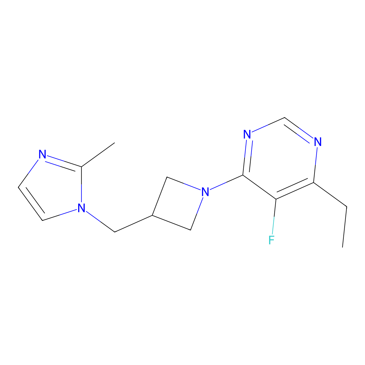 4-ethyl-5-fluoro-6-{3-[(2-methyl-1H-imidazol-1-yl)methyl]azetidin-1-yl}pyrimidine molecular structure, CAS 2640829-57-6