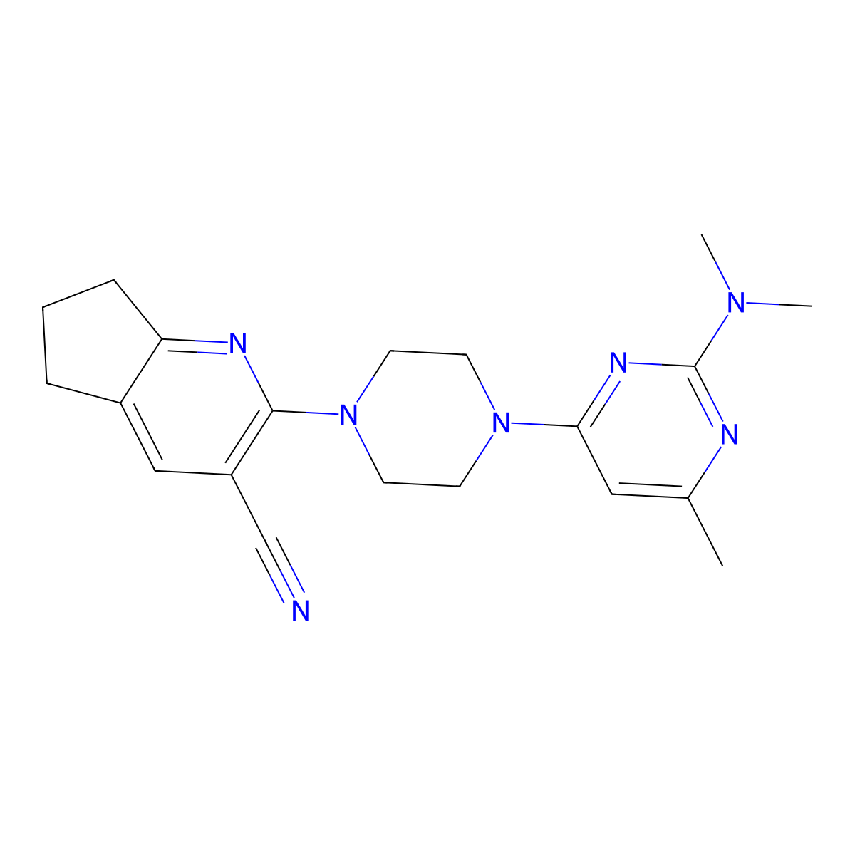 2-{4-[2-(dimethylamino)-6-methylpyrimidin-4-yl]piperazin-1-yl}-5H,6H,7H-cyclopenta[b]pyridine-3-carbonitrile molecular structure, CAS 2640829-60-1
