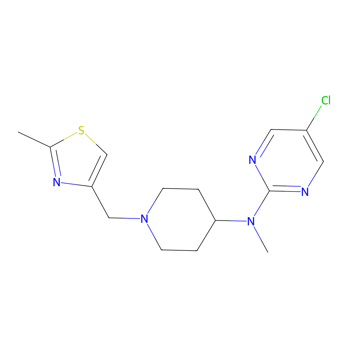 5-chloro-N-methyl-N-{1-[(2-methyl-1,3-thiazol-4-yl)methyl]piperidin-4-yl}pyrimidin-2-amine molecular structure, CAS 2640829-65-6