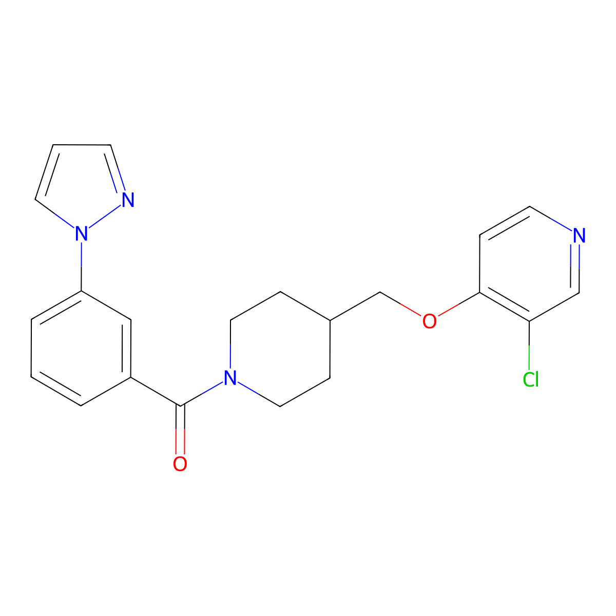 3-chloro-4-({1-[3-(1H-pyrazol-1-yl)benzoyl]piperidin-4-yl}methoxy)pyridine molecular structure, CAS 2640829-75-8