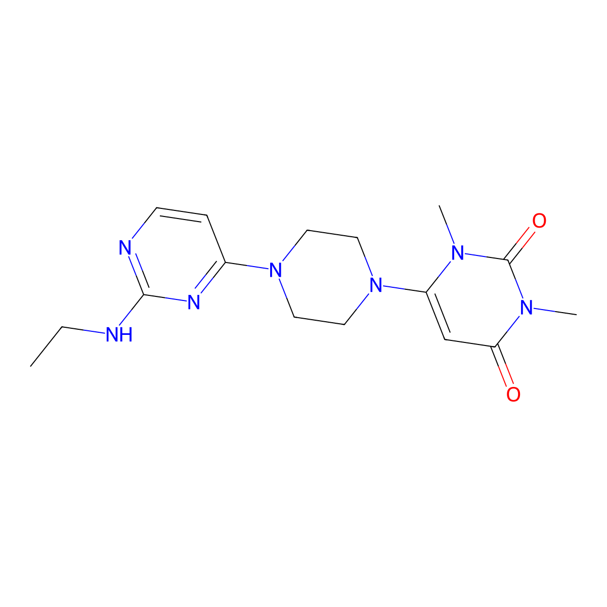 6-{4-[2-(Ethylamino)pyrimidin-4-yl]piperazin-1-yl}-1,3-dimethyl-1,2,3,4-tetrahydropyrimidine-2,4-dione molecular structure, CAS 2640829-82-7