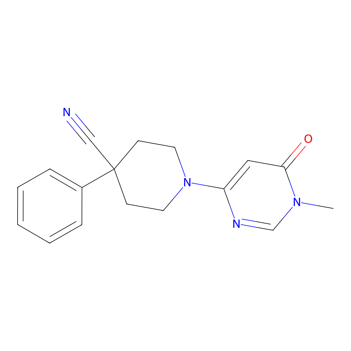 1-(1-Methyl-6-oxo-1,6-dihydropyrimidin-4-yl)-4-phenylpiperidine-4-carbonitrile molecular structure, CAS 2640829-86-1