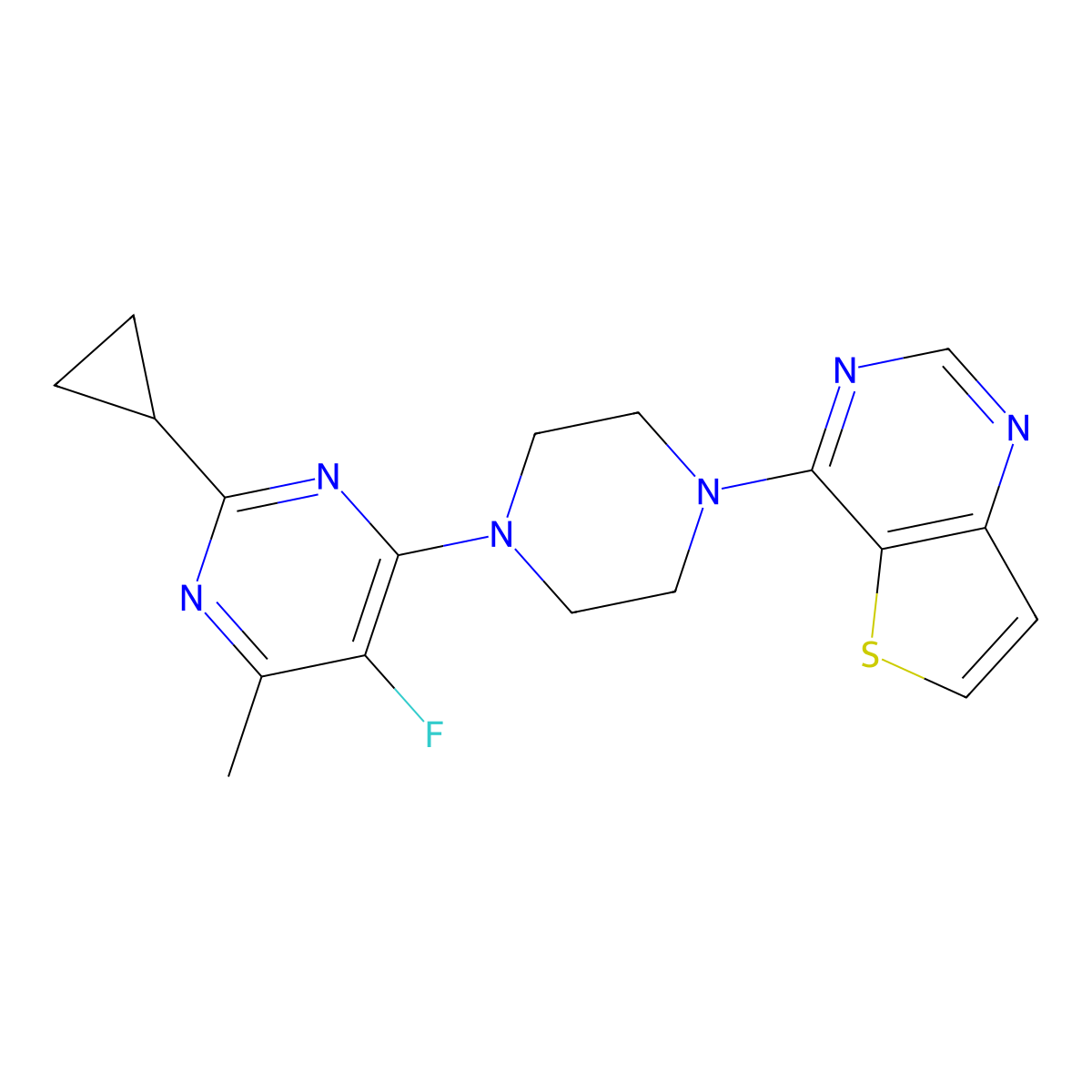 2-Cyclopropyl-5-fluoro-4-methyl-6-(4-{thieno[3,2-d]pyrimidin-4-yl}piperazin-1-yl)pyrimidine molecular structure, CAS 2640829-90-7