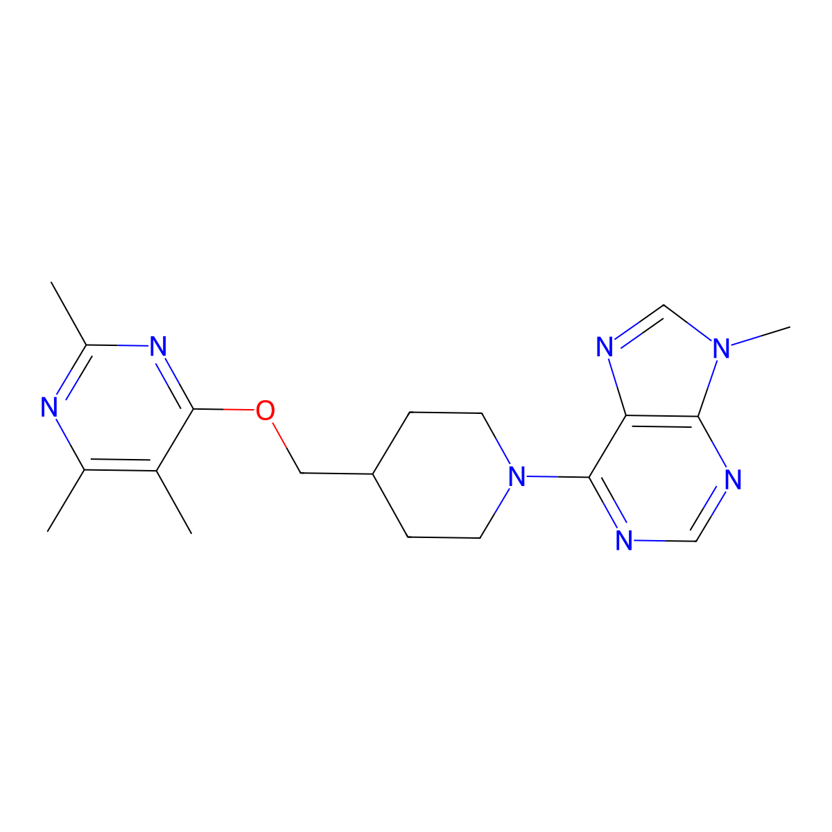 9-methyl-6-(4-{[(2,5,6-trimethylpyrimidin-4-yl)oxy]methyl}piperidin-1-yl)-9H-purine molecular structure, CAS 2640829-95-2
