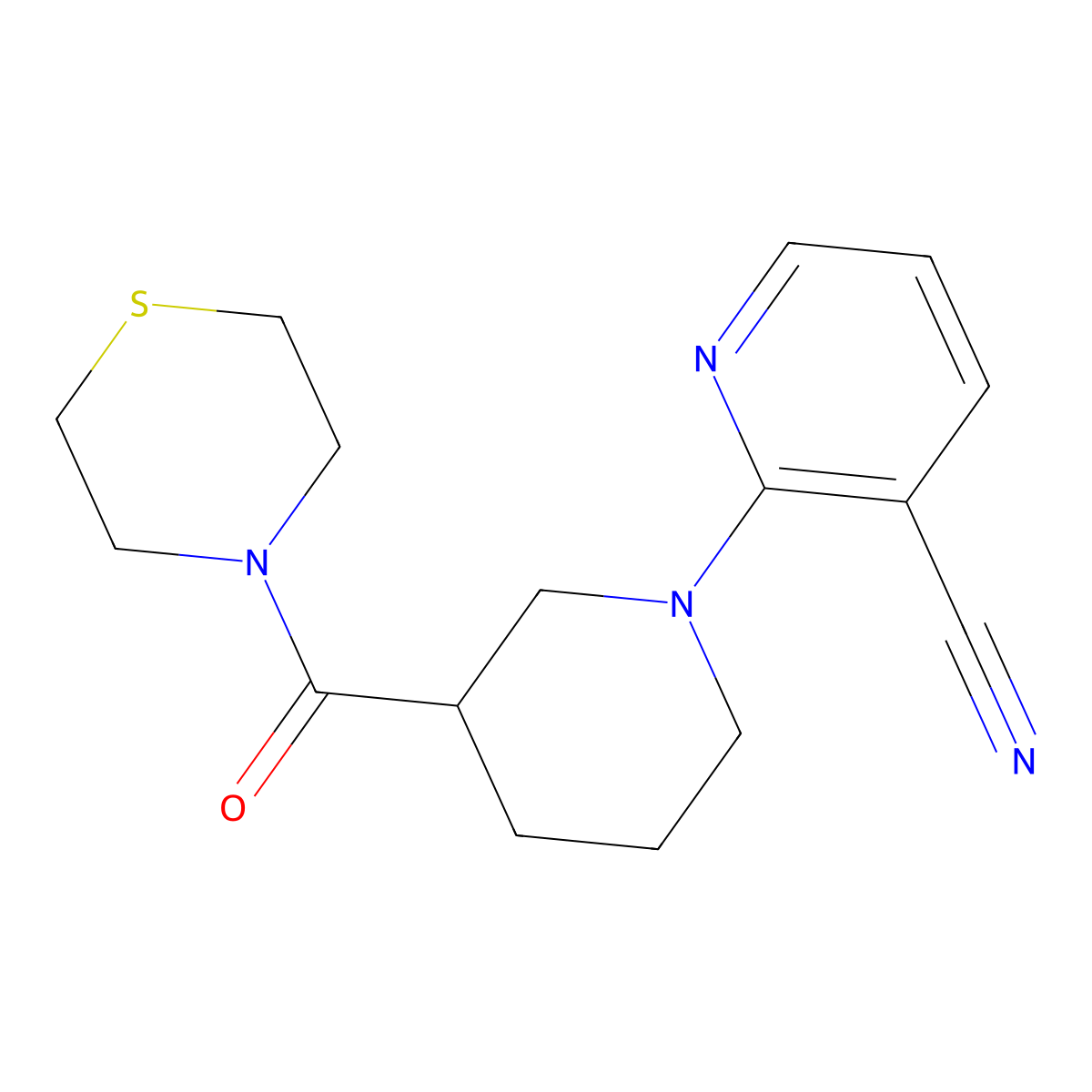 2-[3-(Thiomorpholine-4-carbonyl)piperidin-1-yl]pyridine-3-carbonitrile molecular structure, CAS 2640830-00-6