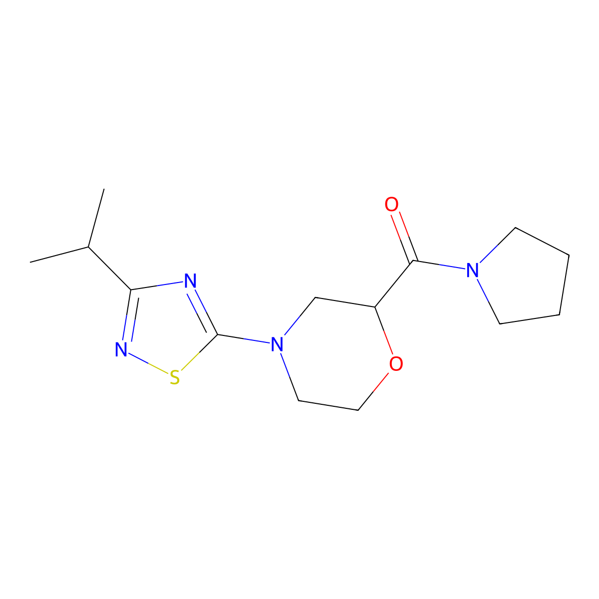 4-[3-(Propan-2-yl)-1,2,4-thiadiazol-5-yl]-2-(pyrrolidine-1-carbonyl)morpholine molecular structure, CAS 2640830-14-2