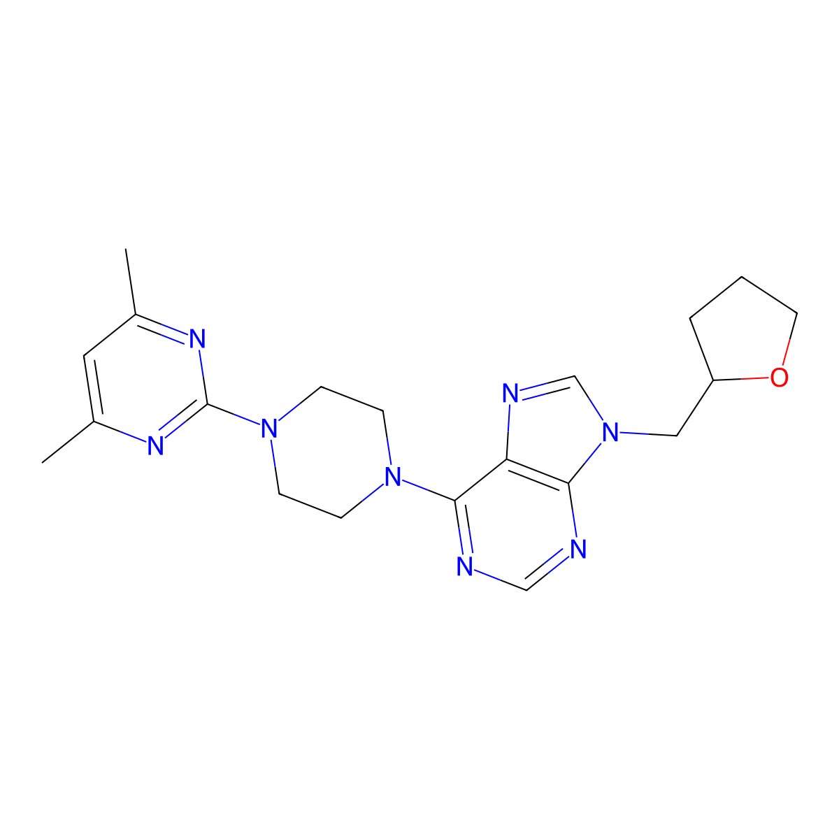 6-[4-(4,6-dimethylpyrimidin-2-yl)piperazin-1-yl]-9-[(oxolan-2-yl)methyl]-9H-purine molecular structure, CAS 2640830-24-4