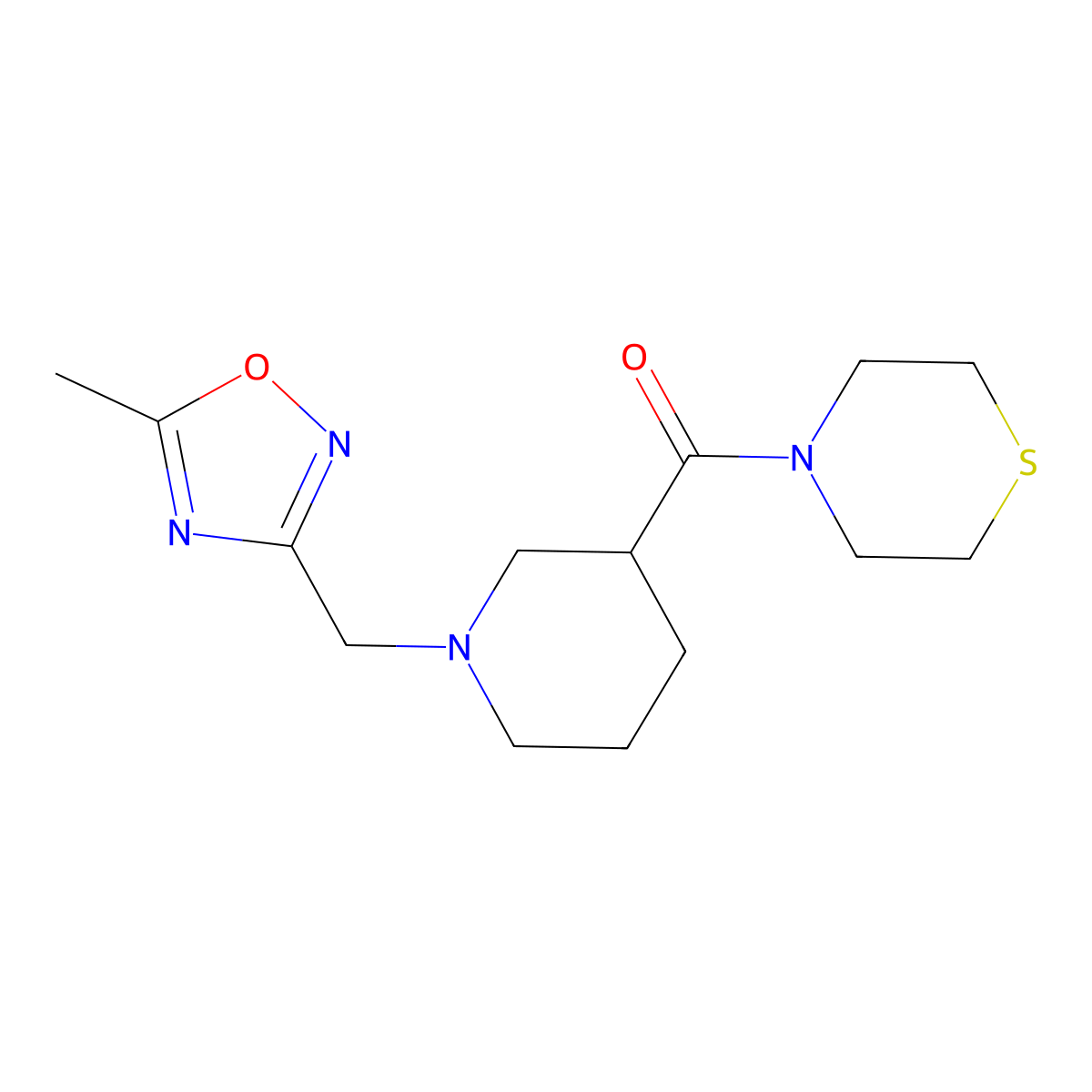 4-{1-[(5-Methyl-1,2,4-oxadiazol-3-yl)methyl]piperidine-3-carbonyl}thiomorpholine molecular structure, CAS 2640830-27-7