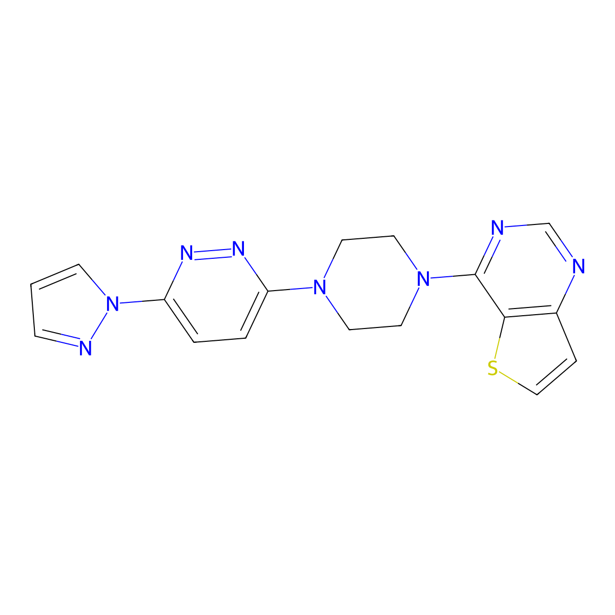 3-(1H-pyrazol-1-yl)-6-(4-{thieno[3,2-d]pyrimidin-4-yl}piperazin-1-yl)pyridazine molecular structure, CAS 2640830-31-3