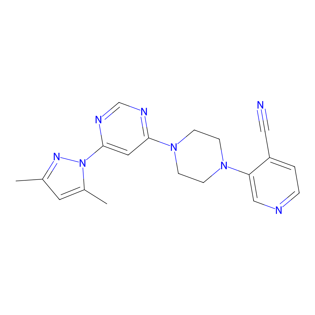3-{4-[6-(3,5-dimethyl-1H-pyrazol-1-yl)pyrimidin-4-yl]piperazin-1-yl}pyridine-4-carbonitrile molecular structure, CAS 2640830-34-6