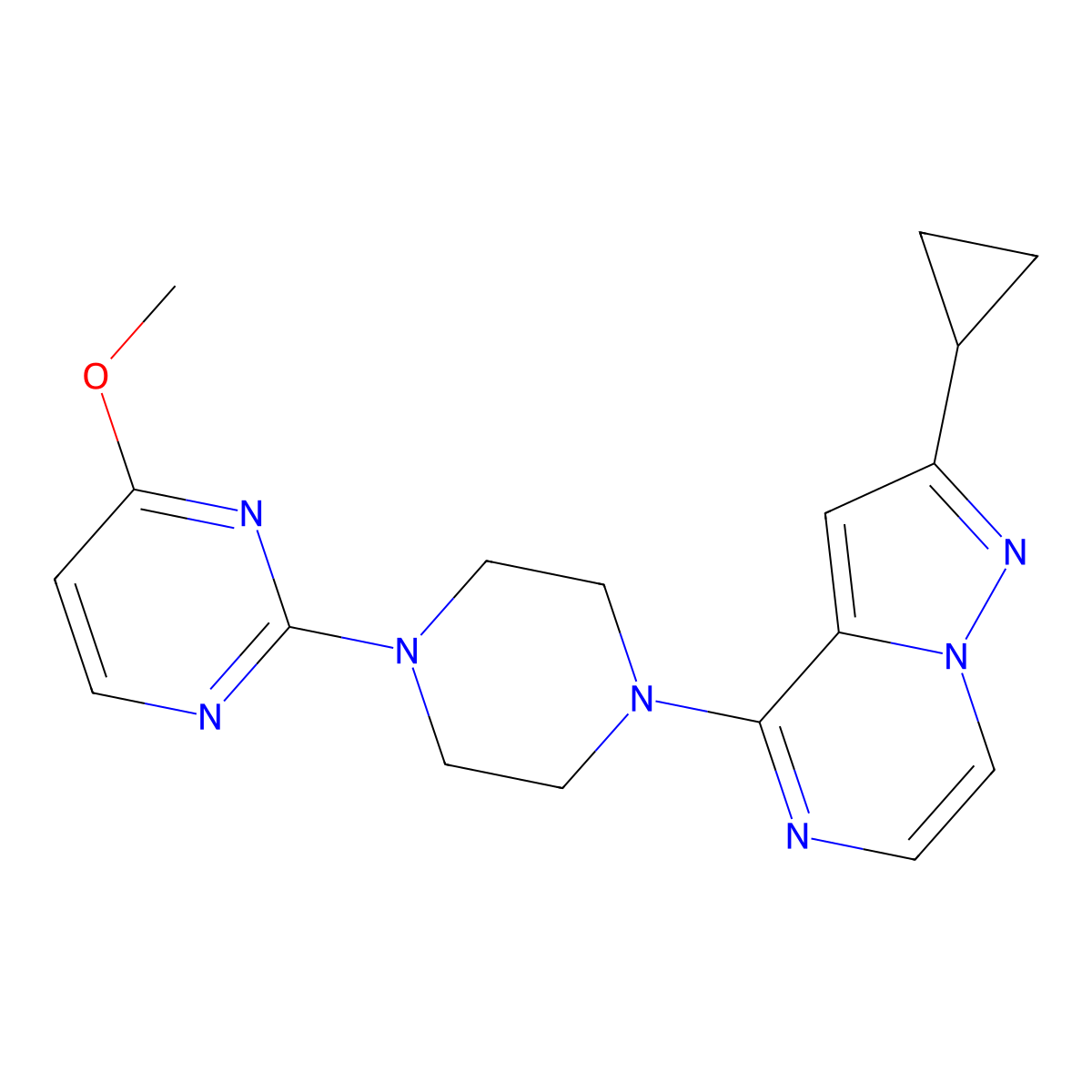 2-(4-{2-Cyclopropylpyrazolo[1,5-a]pyrazin-4-yl}piperazin-1-yl)-4-methoxypyrimidine molecular structure, CAS 2640830-55-1