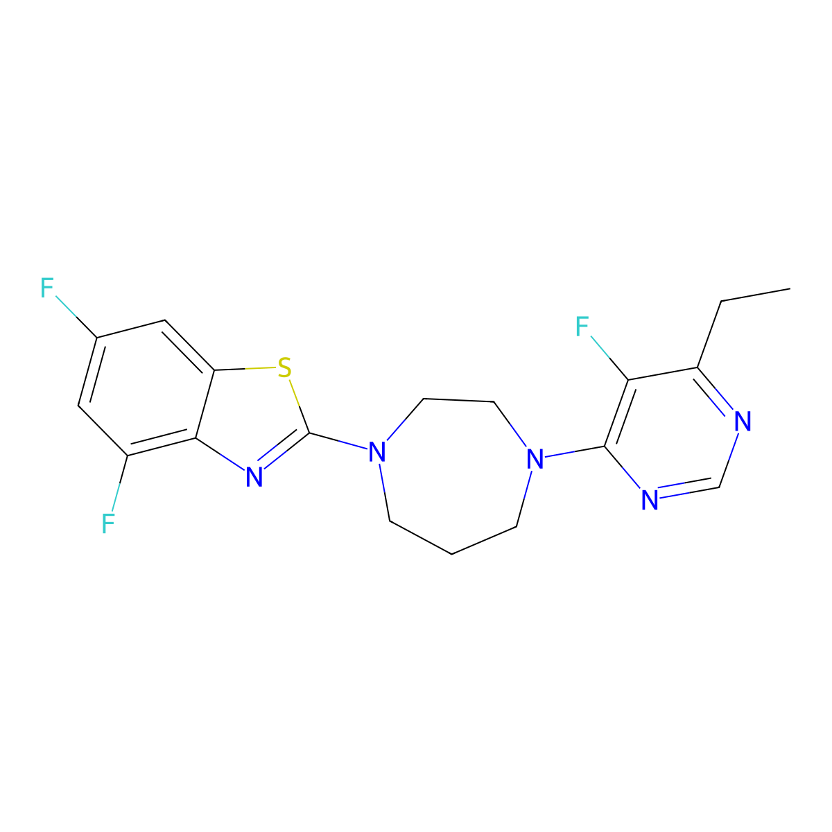 2-[4-(6-Ethyl-5-fluoropyrimidin-4-yl)-1,4-diazepan-1-yl]-4,6-difluoro-1,3-benzothiazole molecular structure, CAS 2640830-56-2