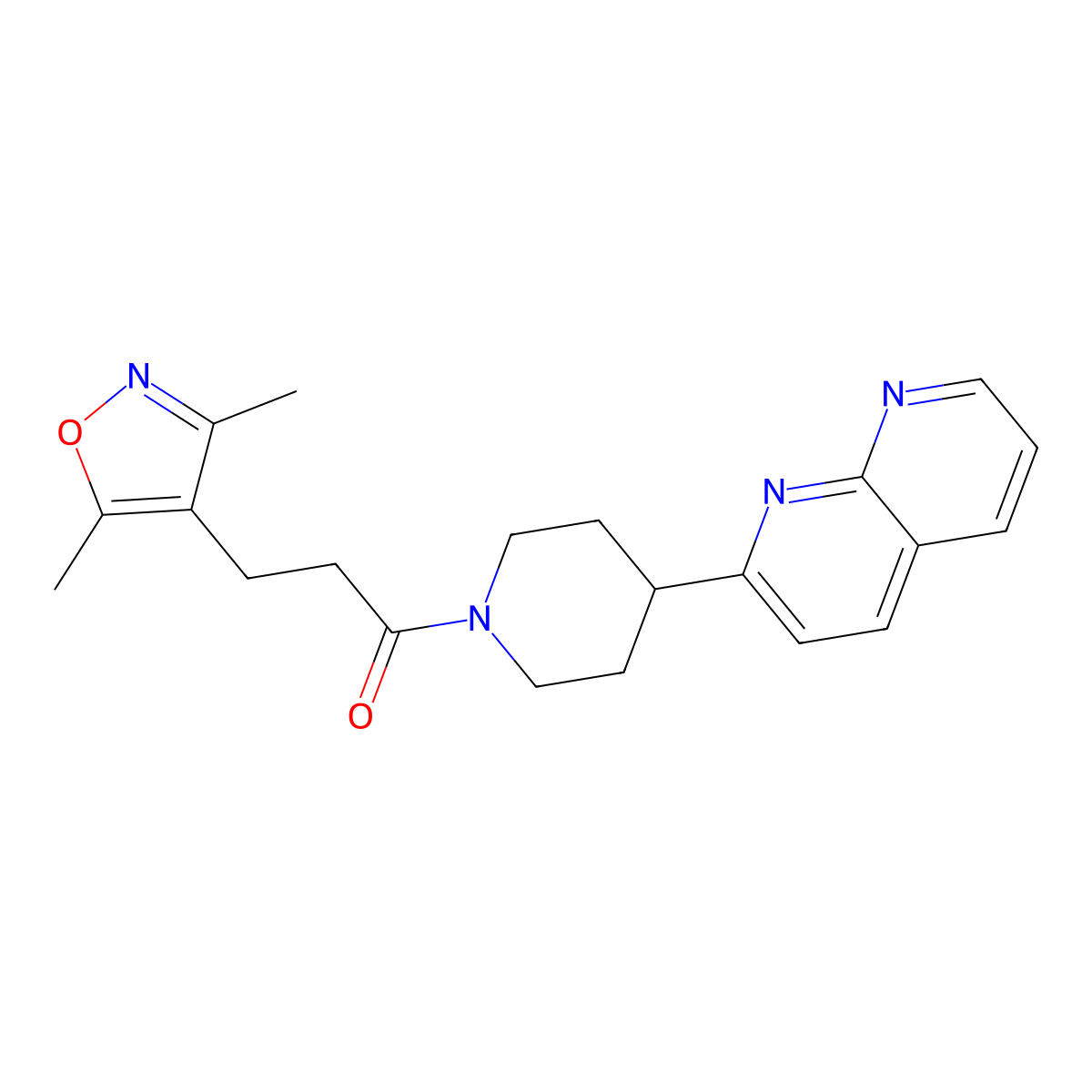 3-(3,5-Dimethyl-1,2-oxazol-4-yl)-1-[4-(1,8-naphthyridin-2-yl)piperidin-1-yl]propan-1-one molecular structure, CAS 2640830-58-4