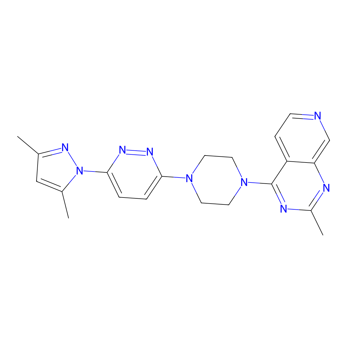 3-(3,5-dimethyl-1H-pyrazol-1-yl)-6-(4-{2-methylpyrido[3,4-d]pyrimidin-4-yl}piperazin-1-yl)pyridazine molecular structure, CAS 2640830-76-6