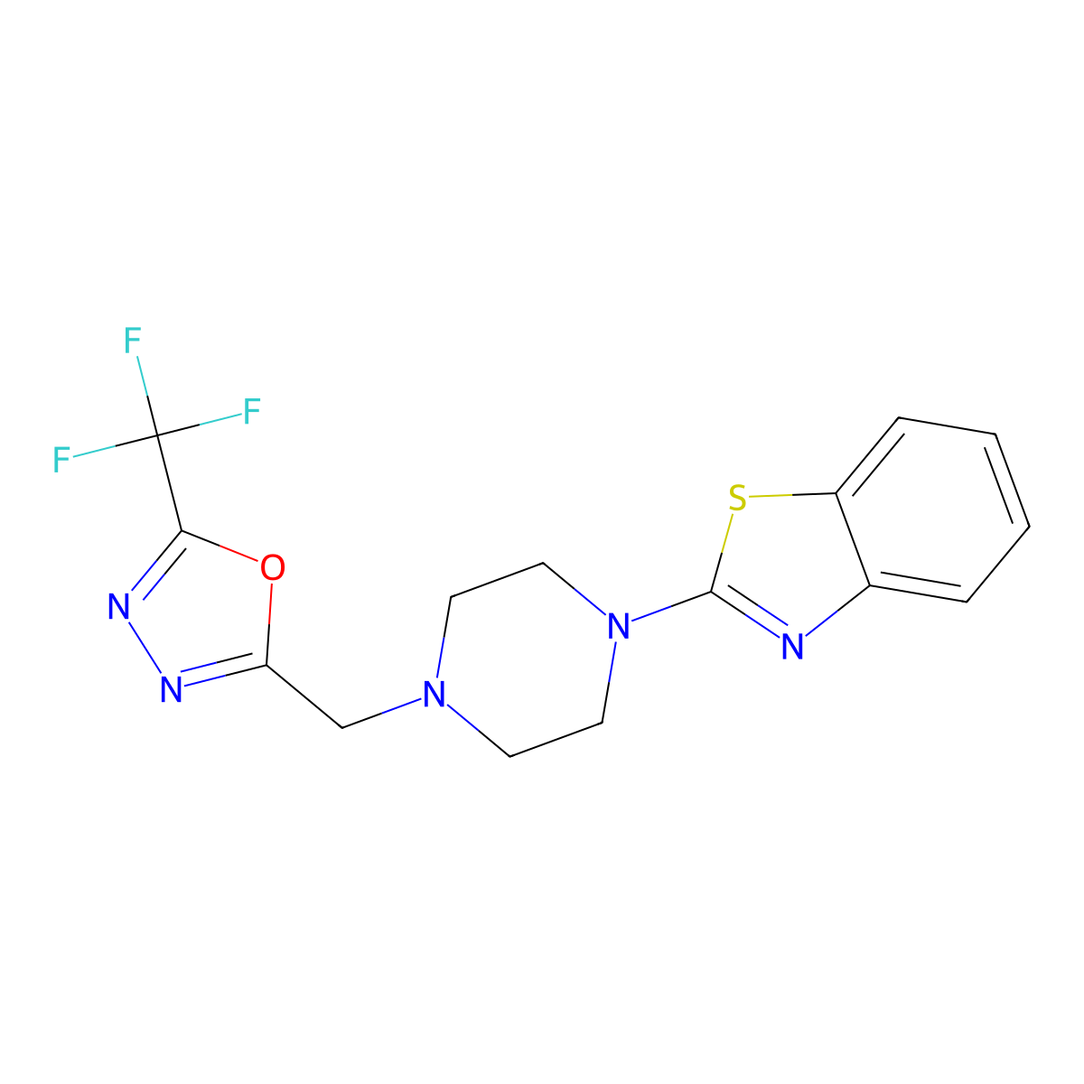 2-(4-{[5-(Trifluoromethyl)-1,3,4-oxadiazol-2-yl]methyl}piperazin-1-yl)-1,3-benzothiazole molecular structure, CAS 2640830-80-2