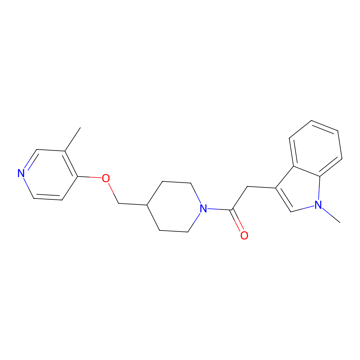 2-(1-methyl-1H-indol-3-yl)-1-(4-{[(3-methylpyridin-4-yl)oxy]methyl}piperidin-1-yl)ethan-1-one molecular structure, CAS 2640830-87-9