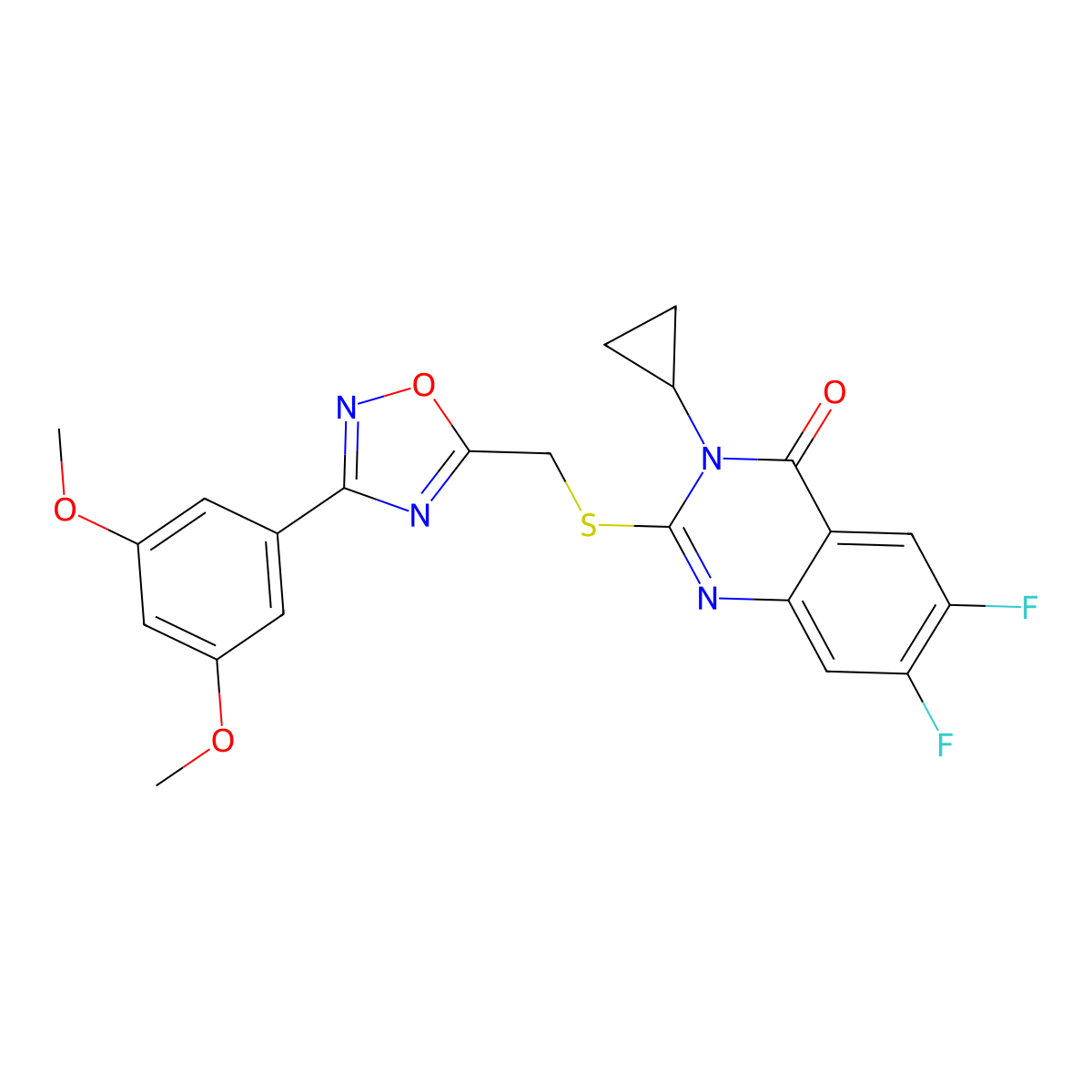 3-Cyclopropyl-2-({[3-(3,5-dimethoxyphenyl)-1,2,4-oxadiazol-5-yl]methyl}sulfanyl)-6,7-difluoro-3,4-dihydroquinazolin-4-one molecular structure, CAS 2640830-92-6