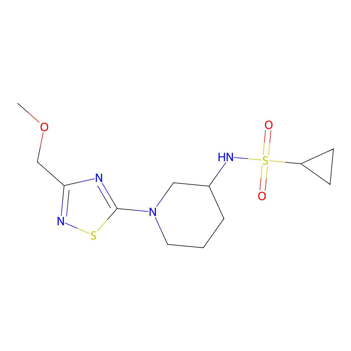 N-{1-[3-(methoxymethyl)-1,2,4-thiadiazol-5-yl]piperidin-3-yl}cyclopropanesulfonamide molecular structure, CAS 2640830-98-2