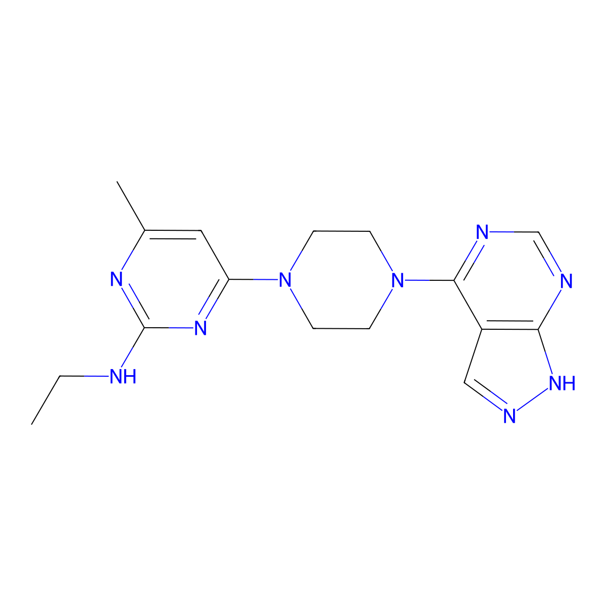 N-ethyl-4-methyl-6-(4-{1H-pyrazolo[3,4-d]pyrimidin-4-yl}piperazin-1-yl)pyrimidin-2-amine molecular structure, CAS 2640831-01-0