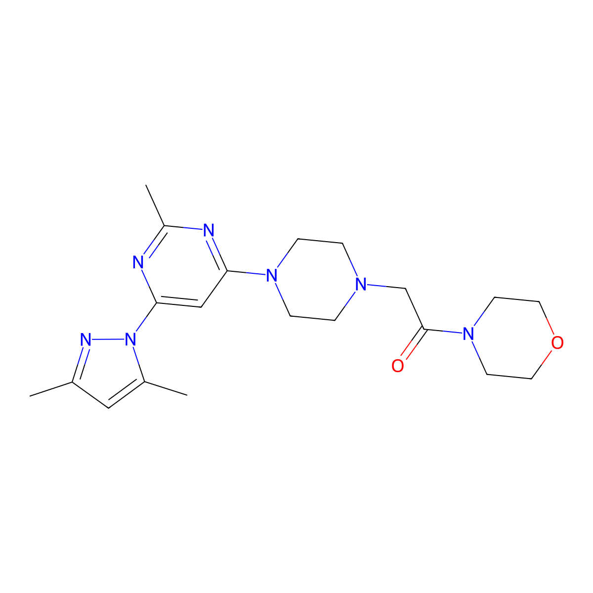 2-{4-[6-(3,5-dimethyl-1H-pyrazol-1-yl)-2-methylpyrimidin-4-yl]piperazin-1-yl}-1-(morpholin-4-yl)ethan-1-one molecular structure, CAS 2640834-77-9