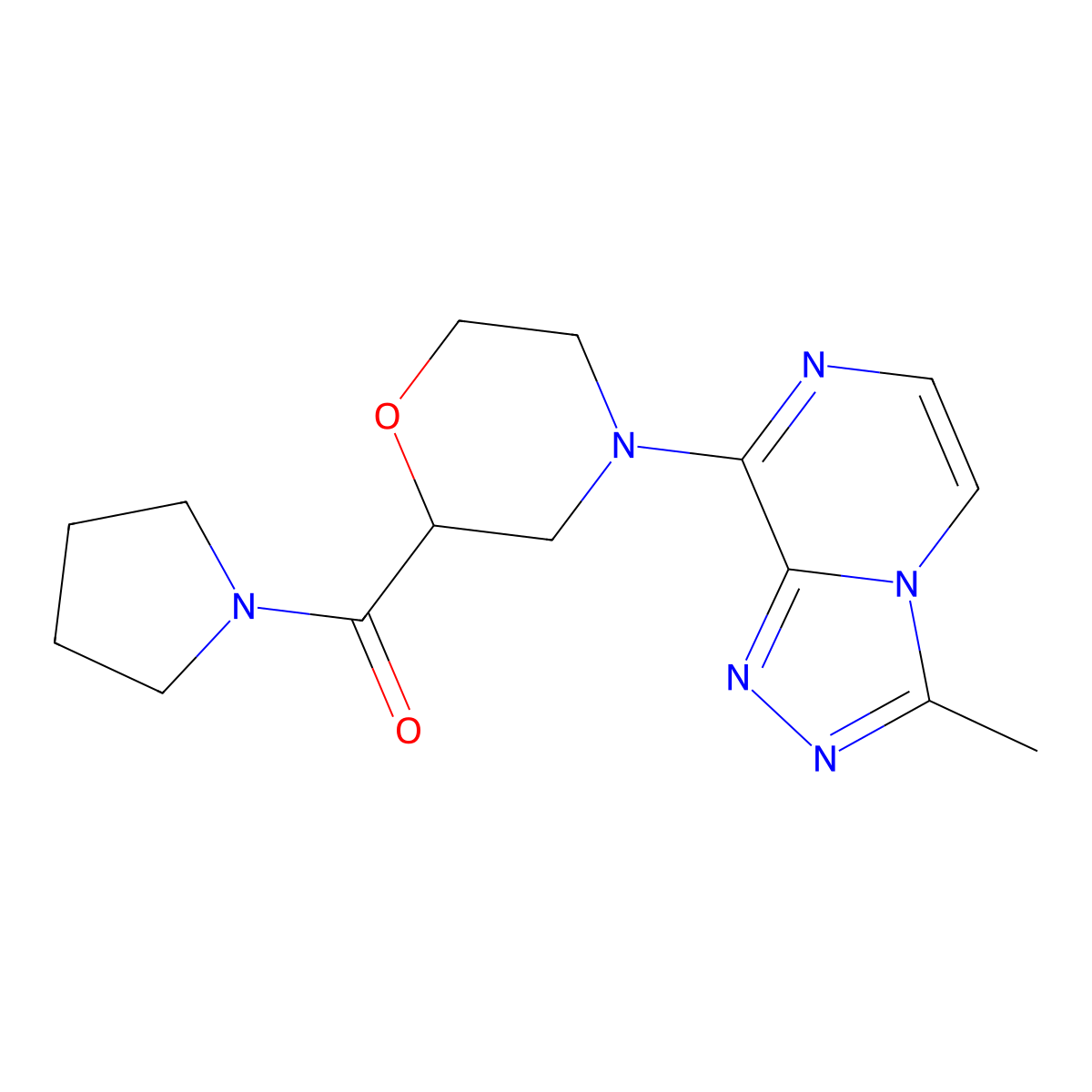 4-{3-Methyl-[1,2,4]triazolo[4,3-a]pyrazin-8-yl}-2-(pyrrolidine-1-carbonyl)morpholine molecular structure, CAS 2640834-81-5