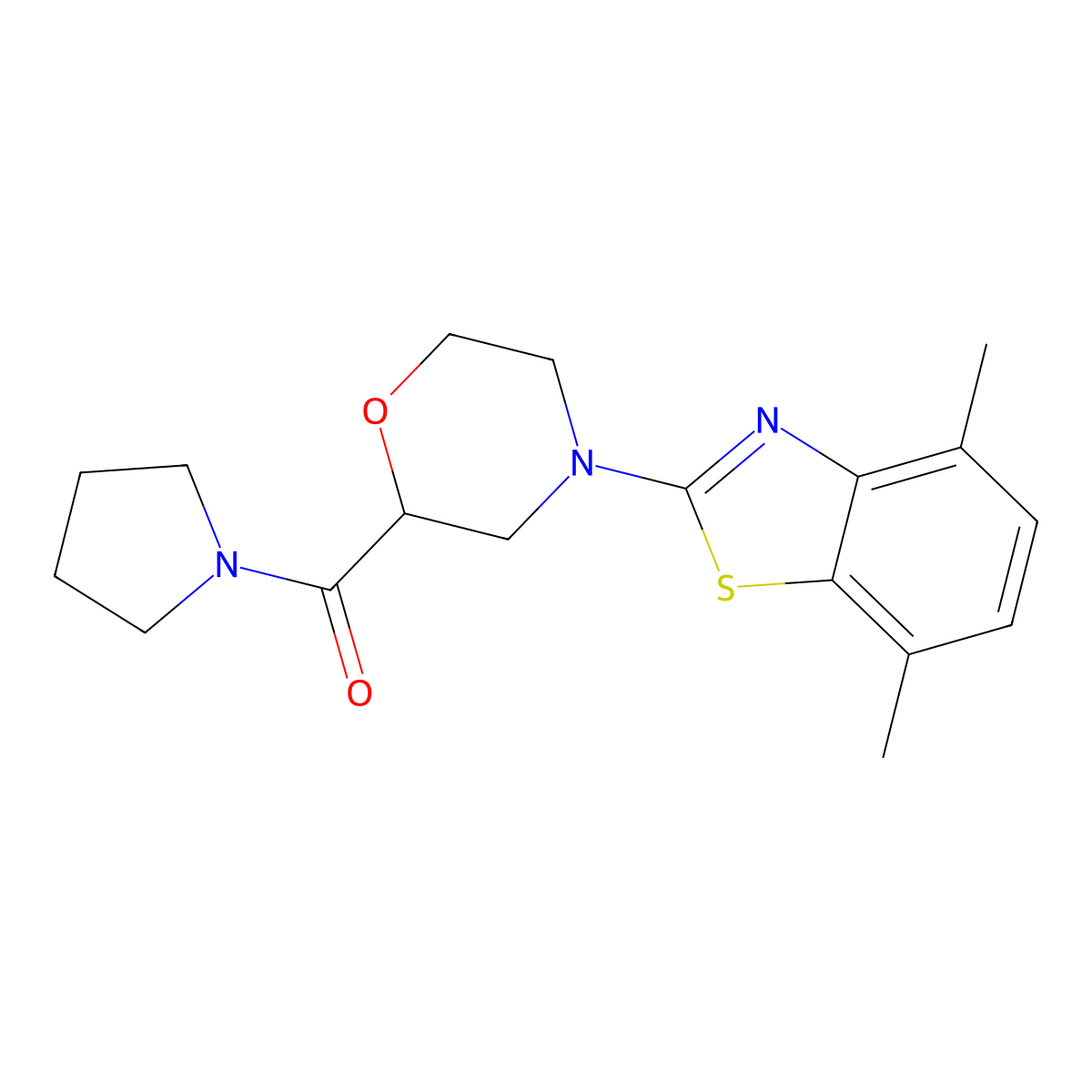 4,7-Dimethyl-2-[2-(pyrrolidine-1-carbonyl)morpholin-4-yl]-1,3-benzothiazole molecular structure, CAS 2640834-89-3