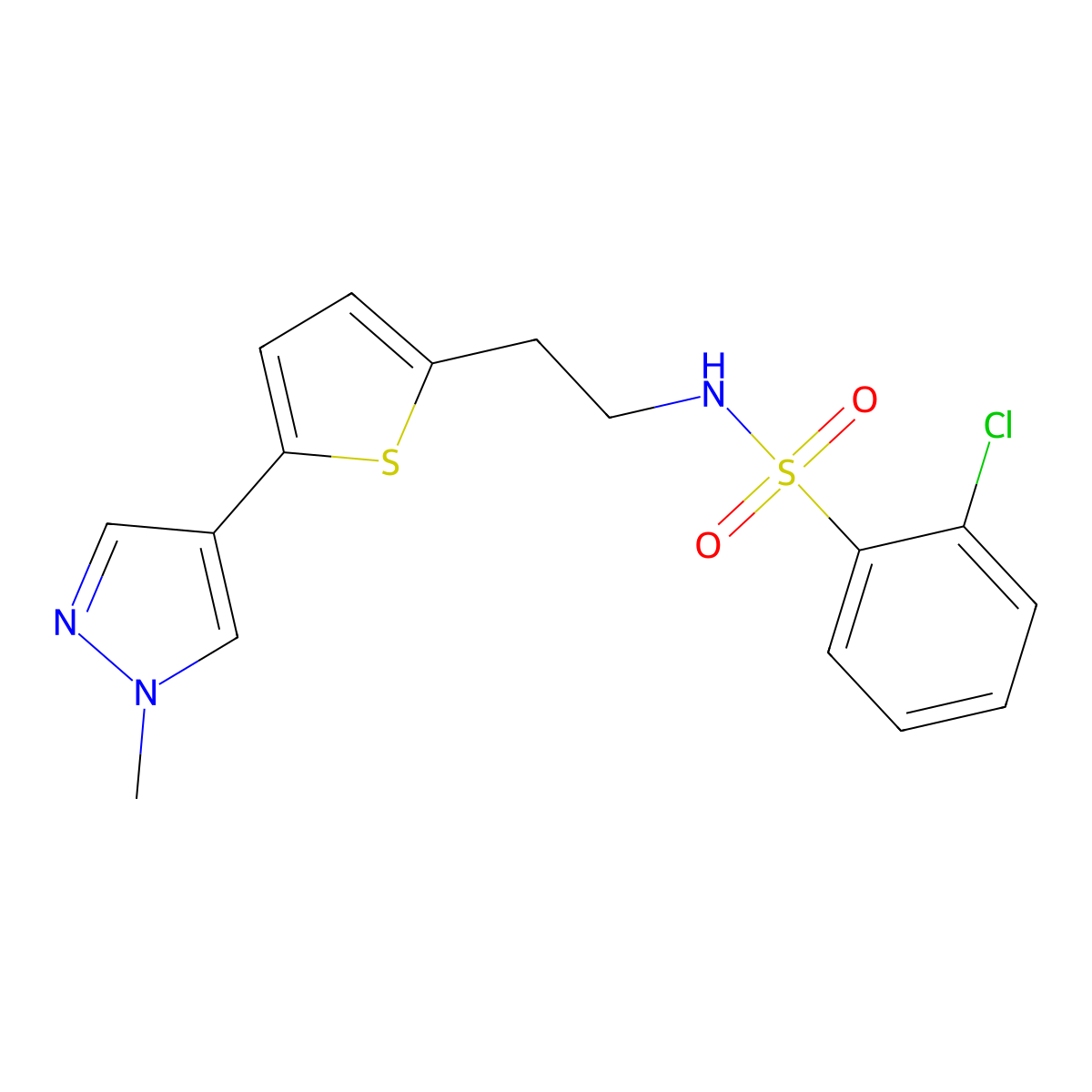 2-chloro-N-{2-[5-(1-methyl-1H-pyrazol-4-yl)thiophen-2-yl]ethyl}benzene-1-sulfonamide molecular structure, CAS 2640834-94-0