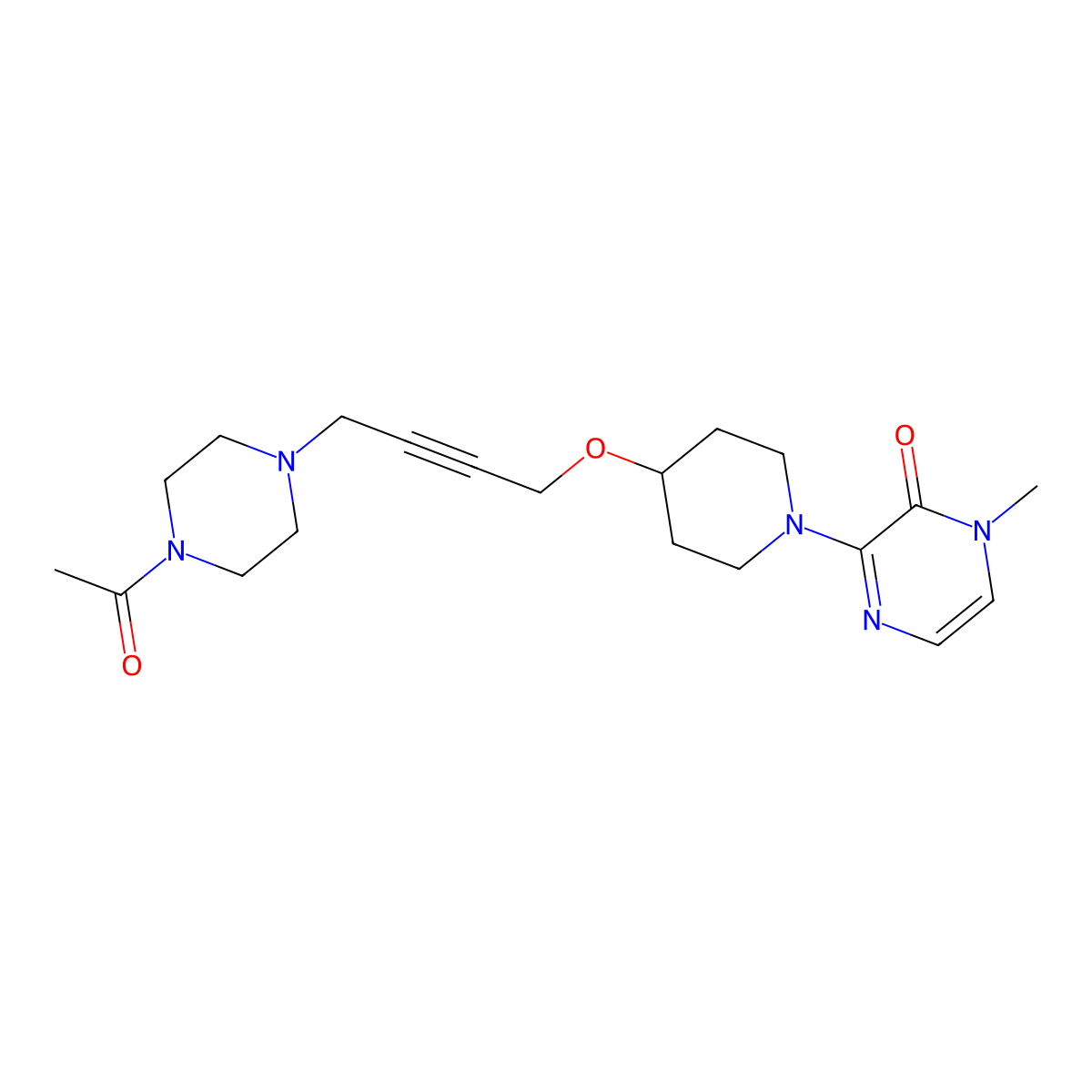 3-(4-{[4-(4-Acetylpiperazin-1-yl)but-2-yn-1-yl]oxy}piperidin-1-yl)-1-methyl-1,2-dihydropyrazin-2-one molecular structure, CAS 2640834-95-1