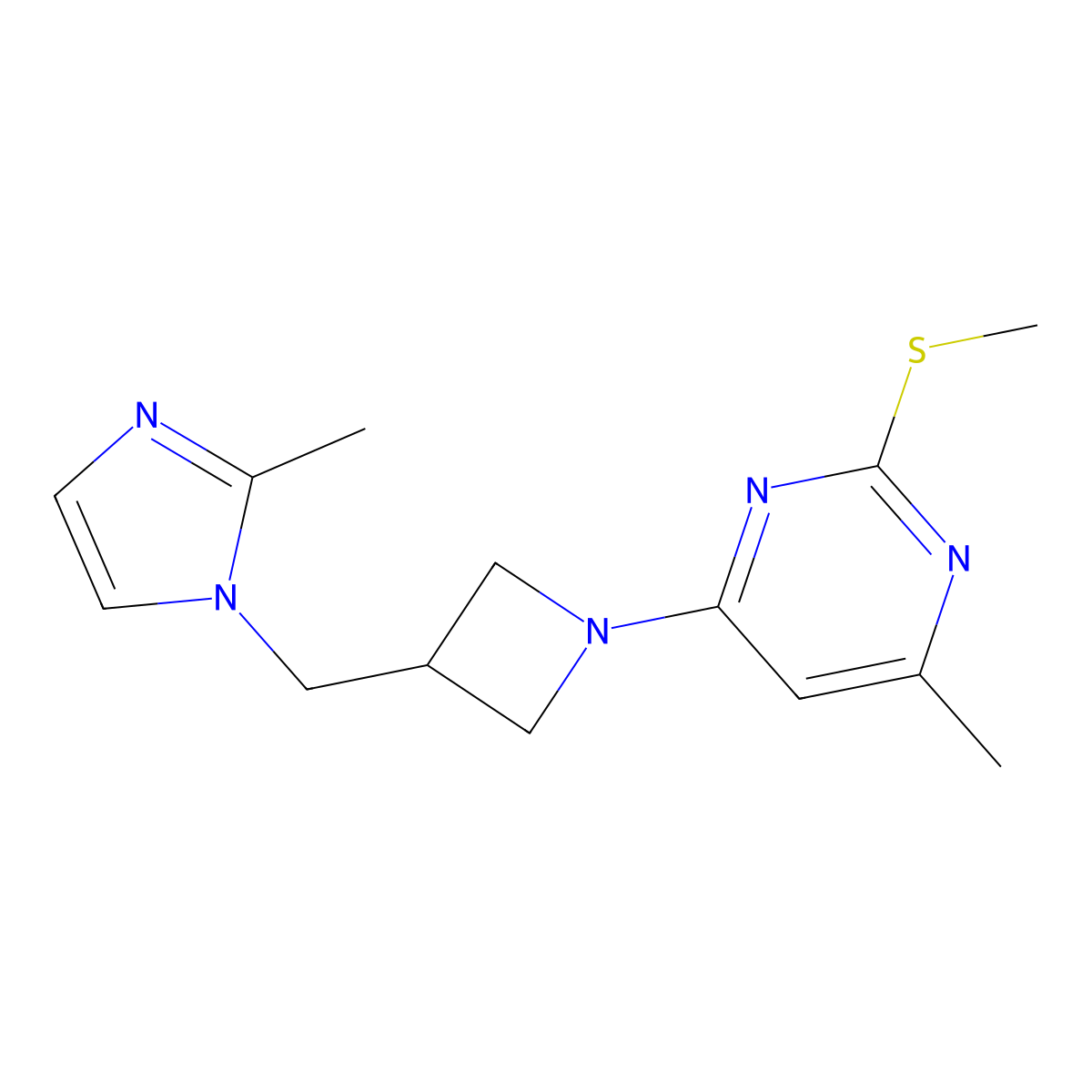 4-methyl-6-{3-[(2-methyl-1H-imidazol-1-yl)methyl]azetidin-1-yl}-2-(methylsulfanyl)pyrimidine molecular structure, CAS 2640834-98-4