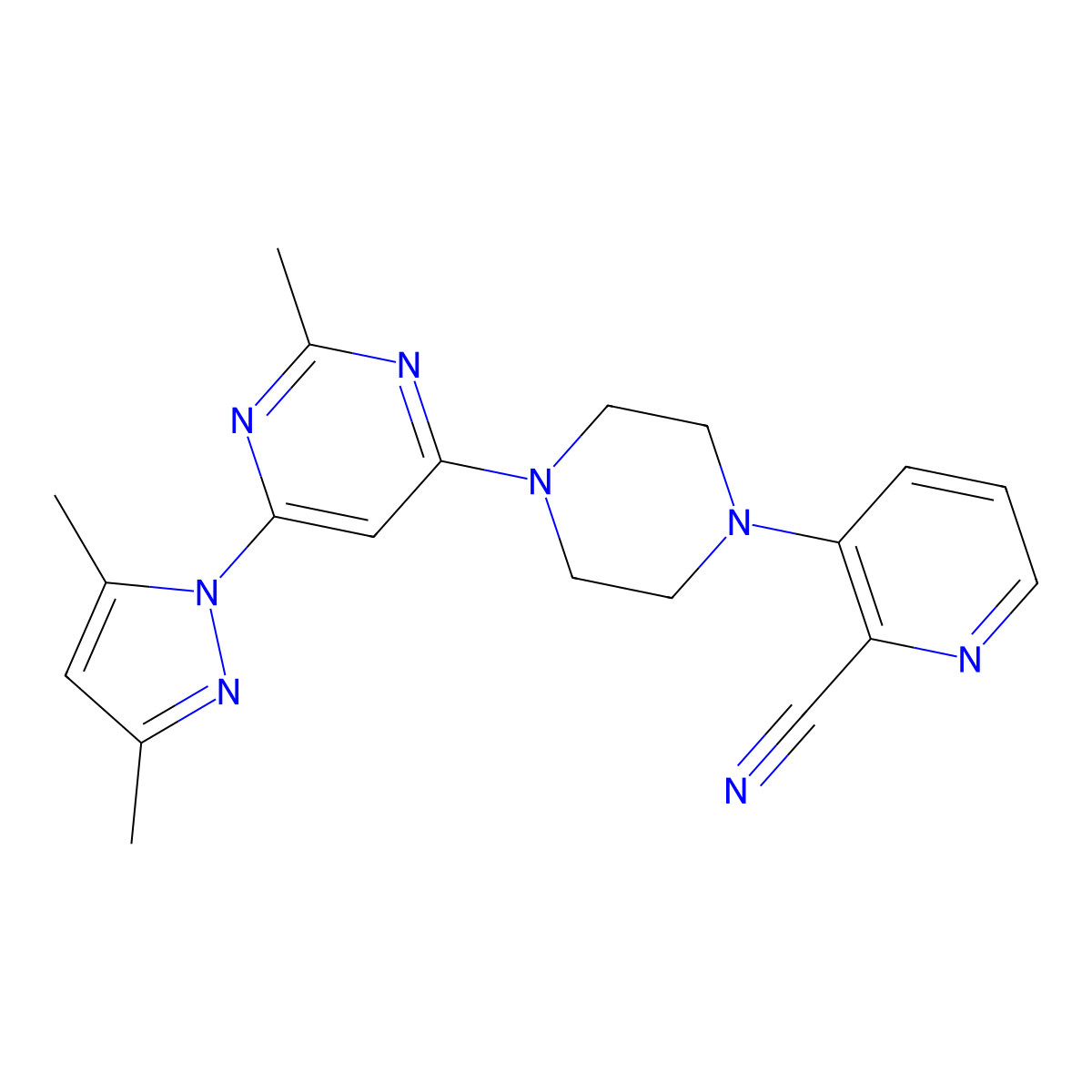 3-{4-[6-(3,5-dimethyl-1H-pyrazol-1-yl)-2-methylpyrimidin-4-yl]piperazin-1-yl}pyridine-2-carbonitrile molecular structure, CAS 2640835-01-2