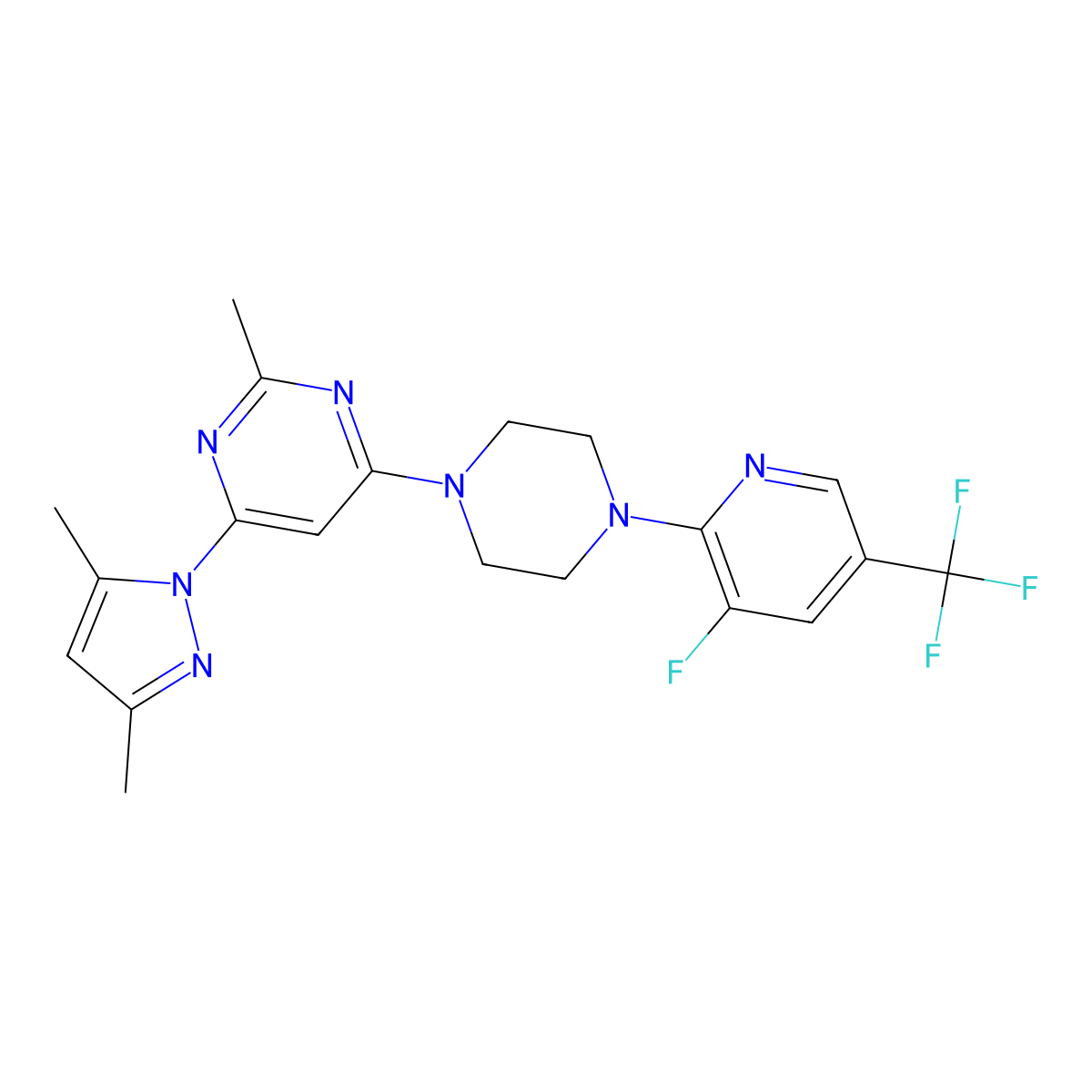 4-(3,5-dimethyl-1H-pyrazol-1-yl)-6-{4-[3-fluoro-5-(trifluoromethyl)pyridin-2-yl]piperazin-1-yl}-2-methylpyrimidine molecular structure, CAS 2640835-04-5