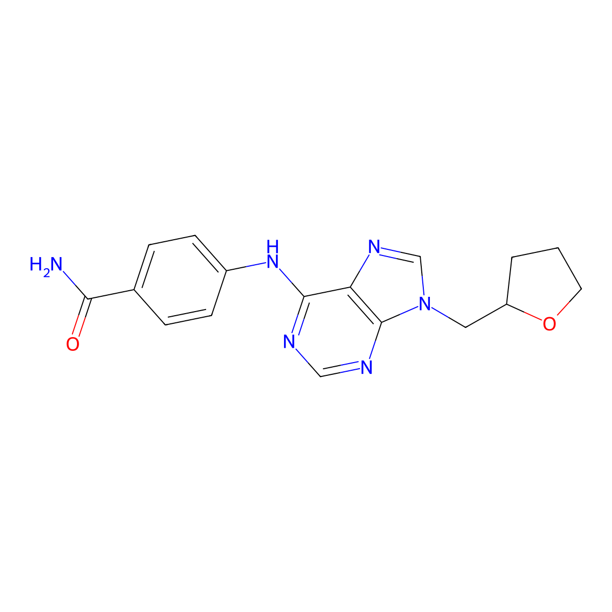4-({9-[(oxolan-2-yl)methyl]-9H-purin-6-yl}amino)benzamide molecular structure, CAS 2640835-05-6
