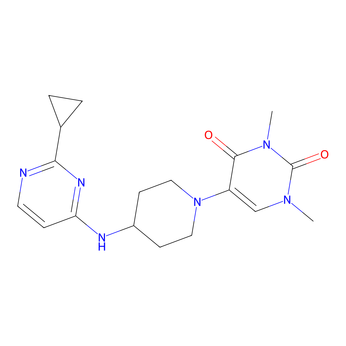 5-{4-[(2-Cyclopropylpyrimidin-4-yl)amino]piperidin-1-yl}-1,3-dimethyl-1,2,3,4-tetrahydropyrimidine-2,4-dione molecular structure, CAS 2640835-06-7